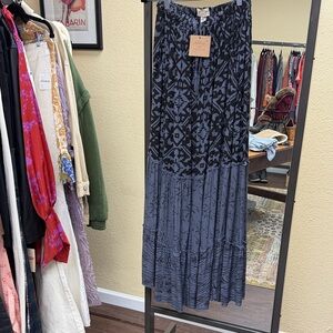 Printed Tiered Maxi Skirt in Slate Blue and Black